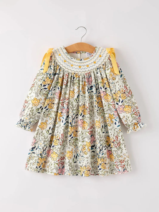 Fall  Embroidery Smocking Bow Floral Leaf Baby Girls Dress Rylee Faith Designs