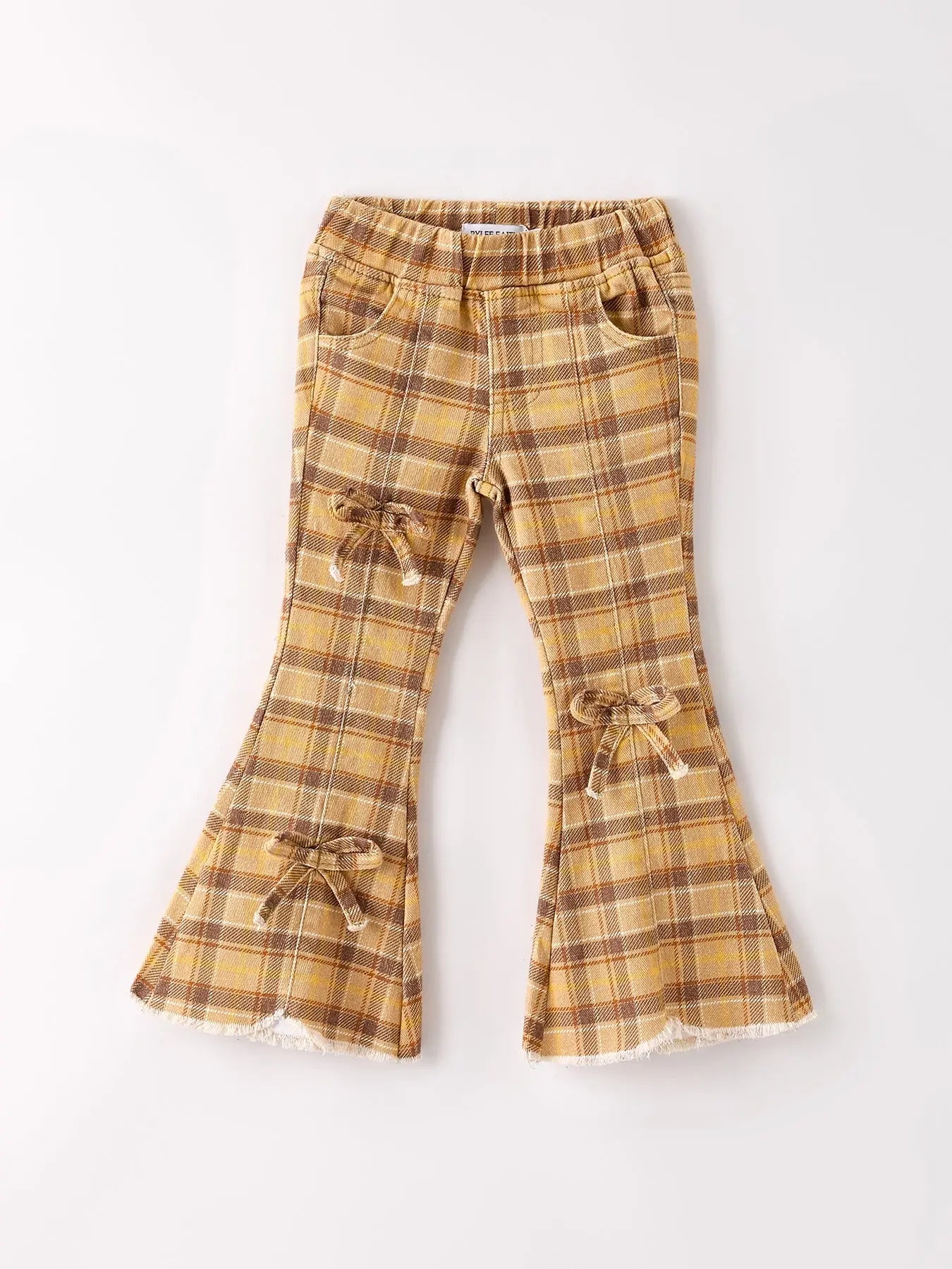 Pantalones vaqueros a cuadros amarillos y marrones para niñas, con temática de Acción de Gracias y Halloween de otoño.