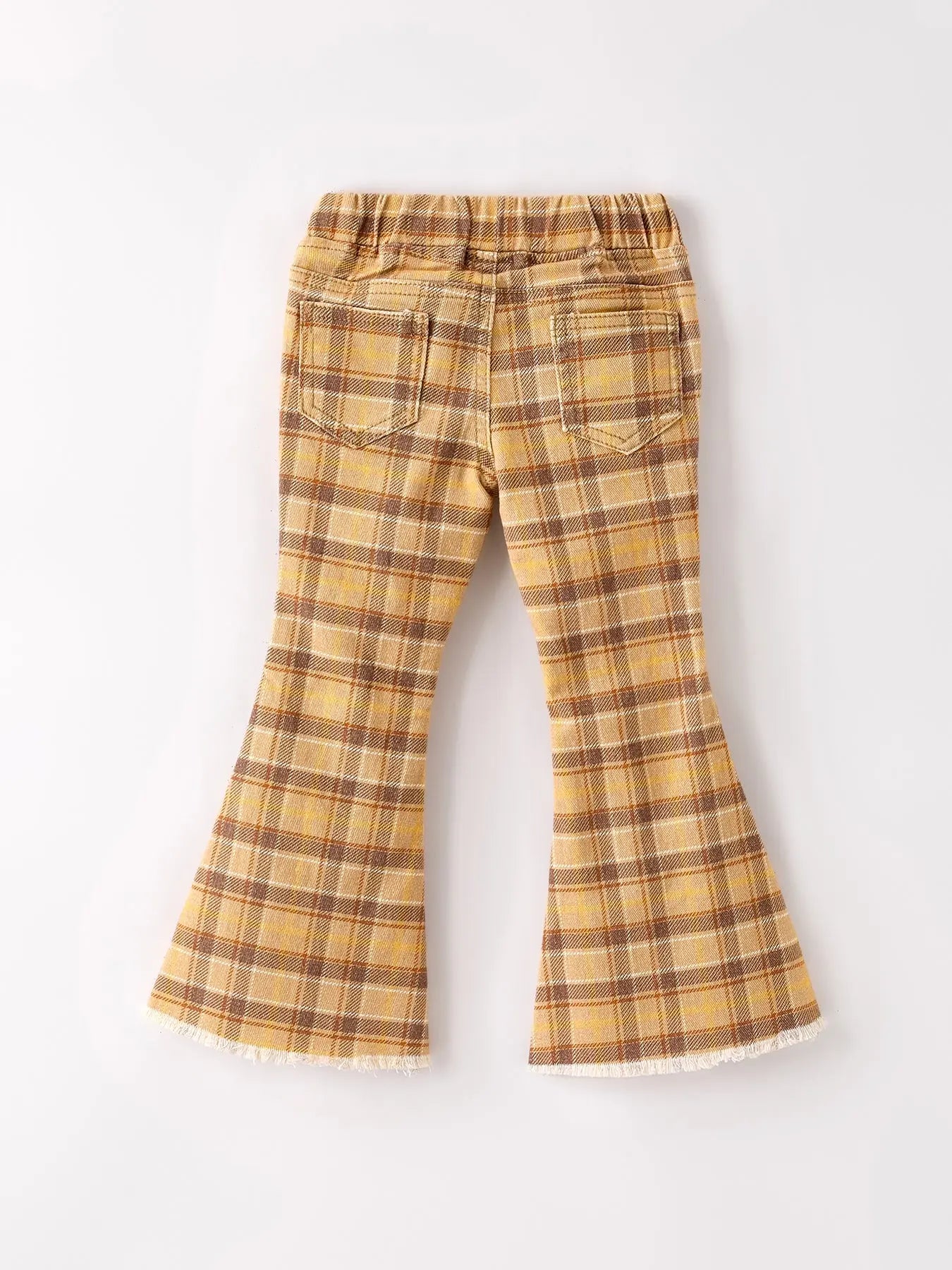 Pantalones vaqueros a cuadros amarillos y marrones para niñas, con temática de Acción de Gracias y Halloween de otoño.