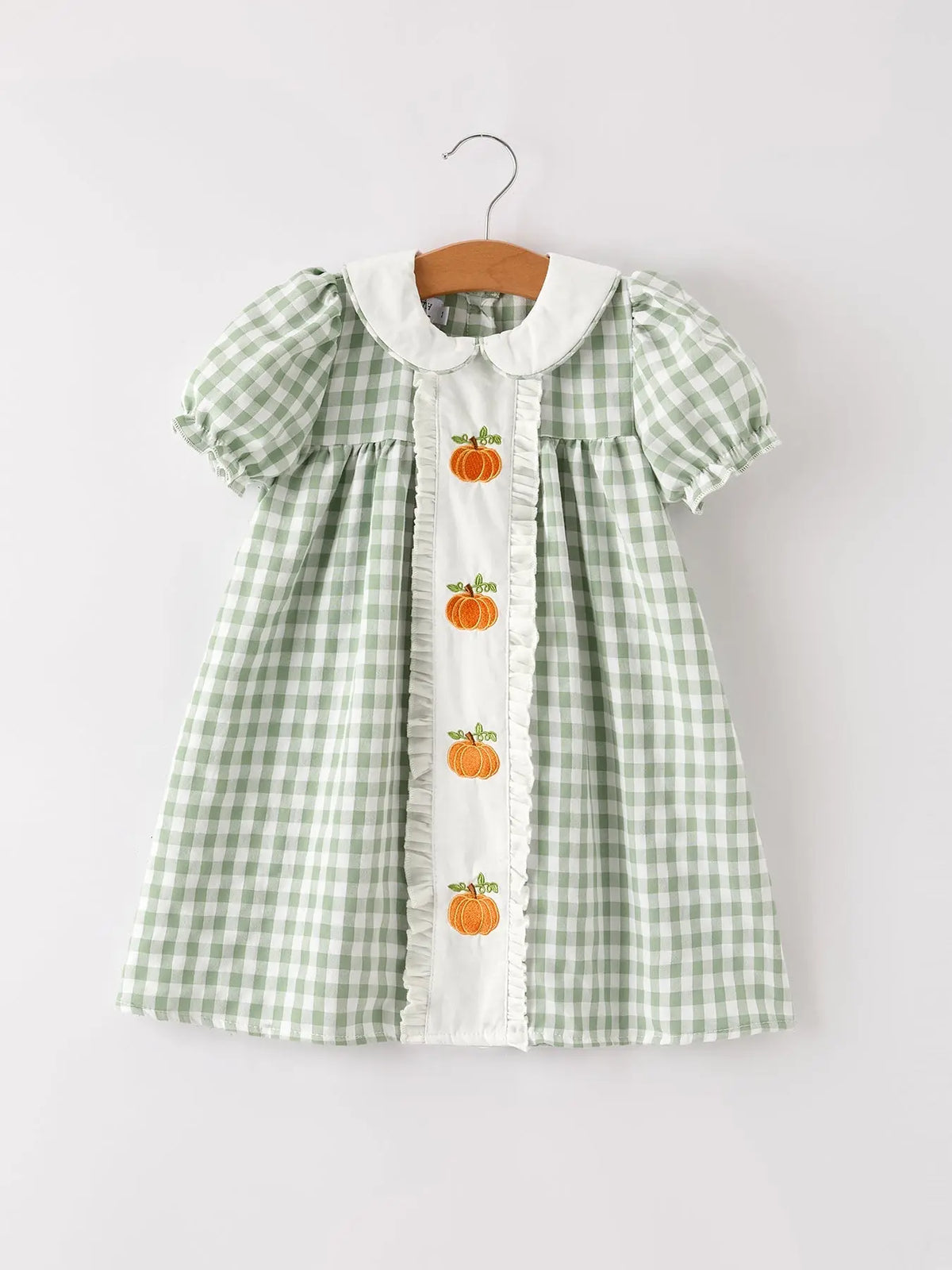 Fall Halloween & Thanksgiving Pumpkin Applique Plaid Green Girls Dress Rylee Faith Designs