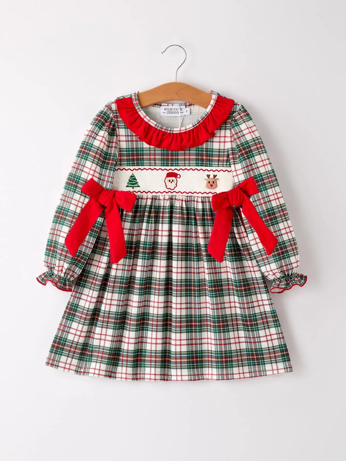 Christmas Embroidery Smocking Bow Plaid Girls Dress Rylee Faith Designs
