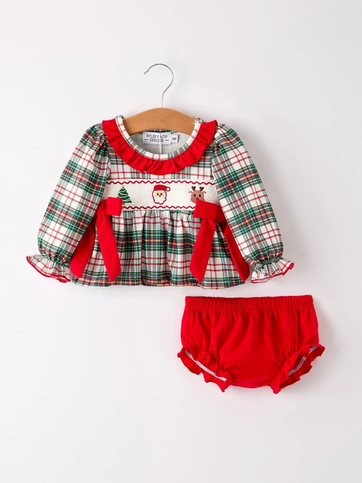 Christmas Plaid Smocking Embroidered Girls Bloomers Romper Set Rylee Faith Designs