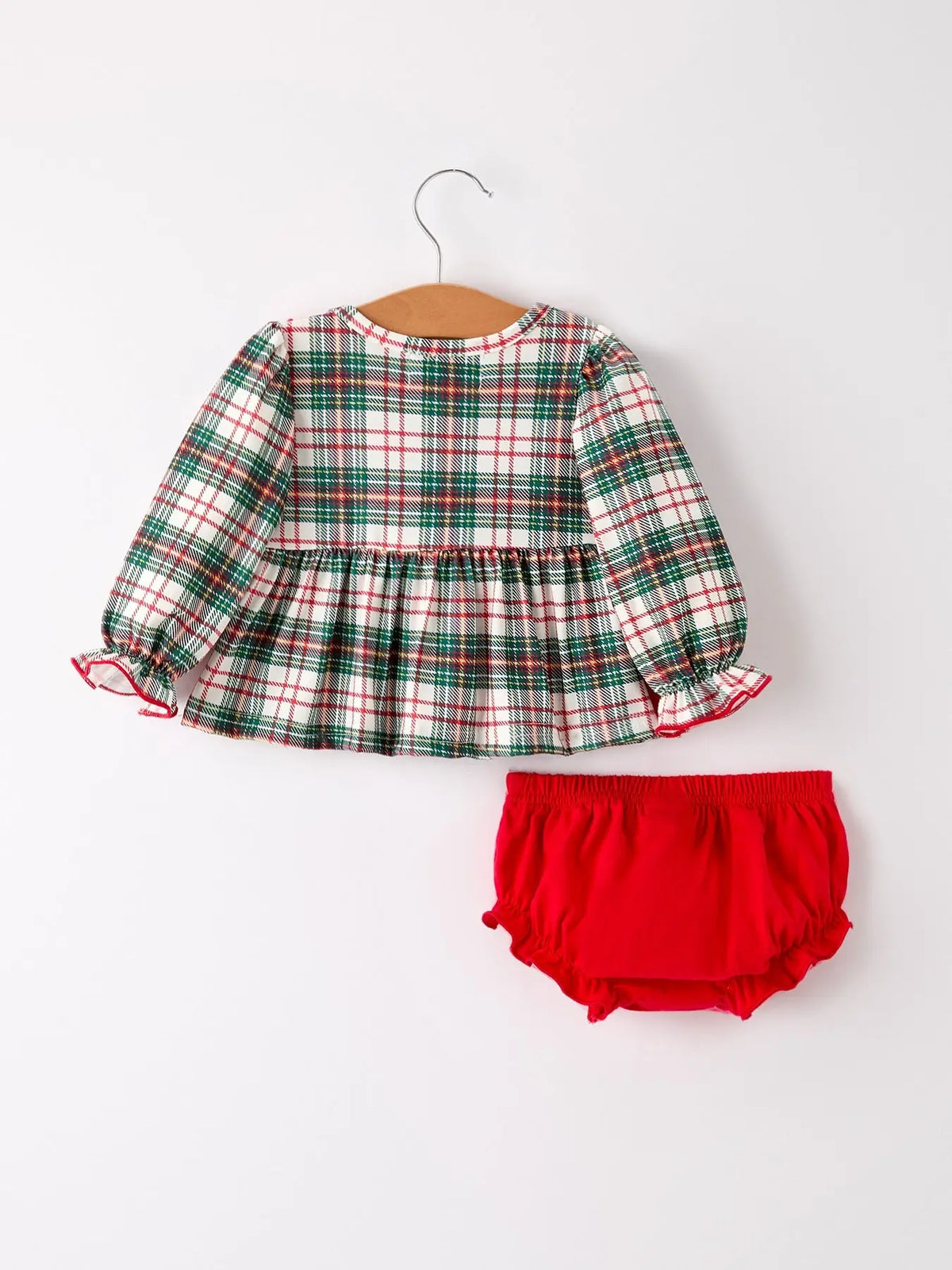 Christmas Plaid Smocking Embroidered Girls Bloomers Romper Set Rylee Faith Designs