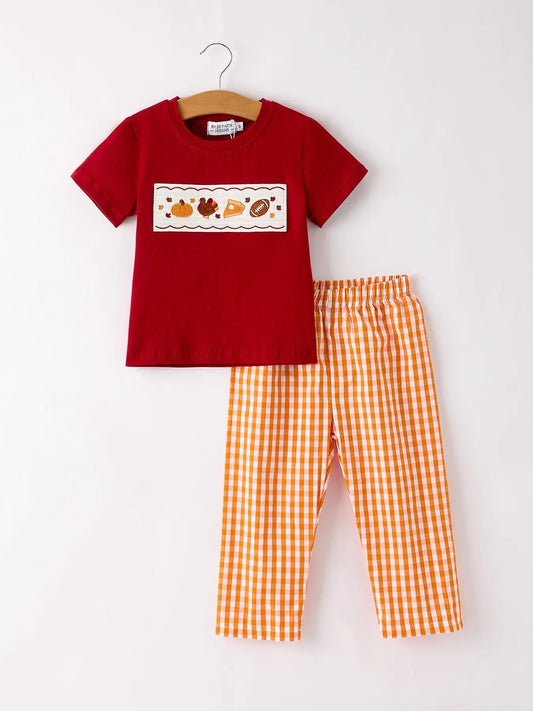Fall Embroidered Boy Set – Orange Checkered with Halloween Details Rylee Faith Designs