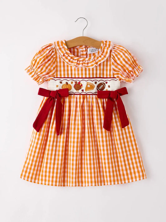 Fall Embroidered Dress for Girls – Orange Checkered with Halloween Details Rylee Faith Designs