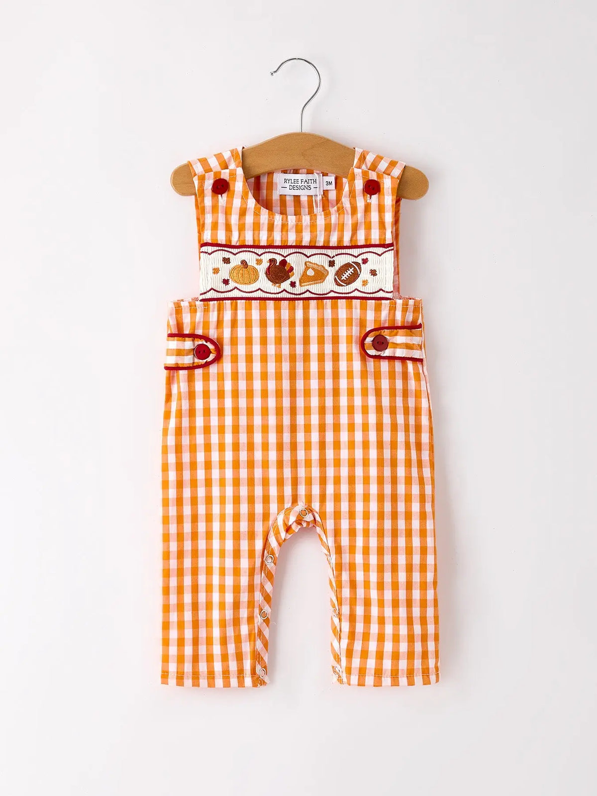 Fall Embroidered Romper for Baby Boys – Orange Checkered with Halloween Details Rylee Faith Designs