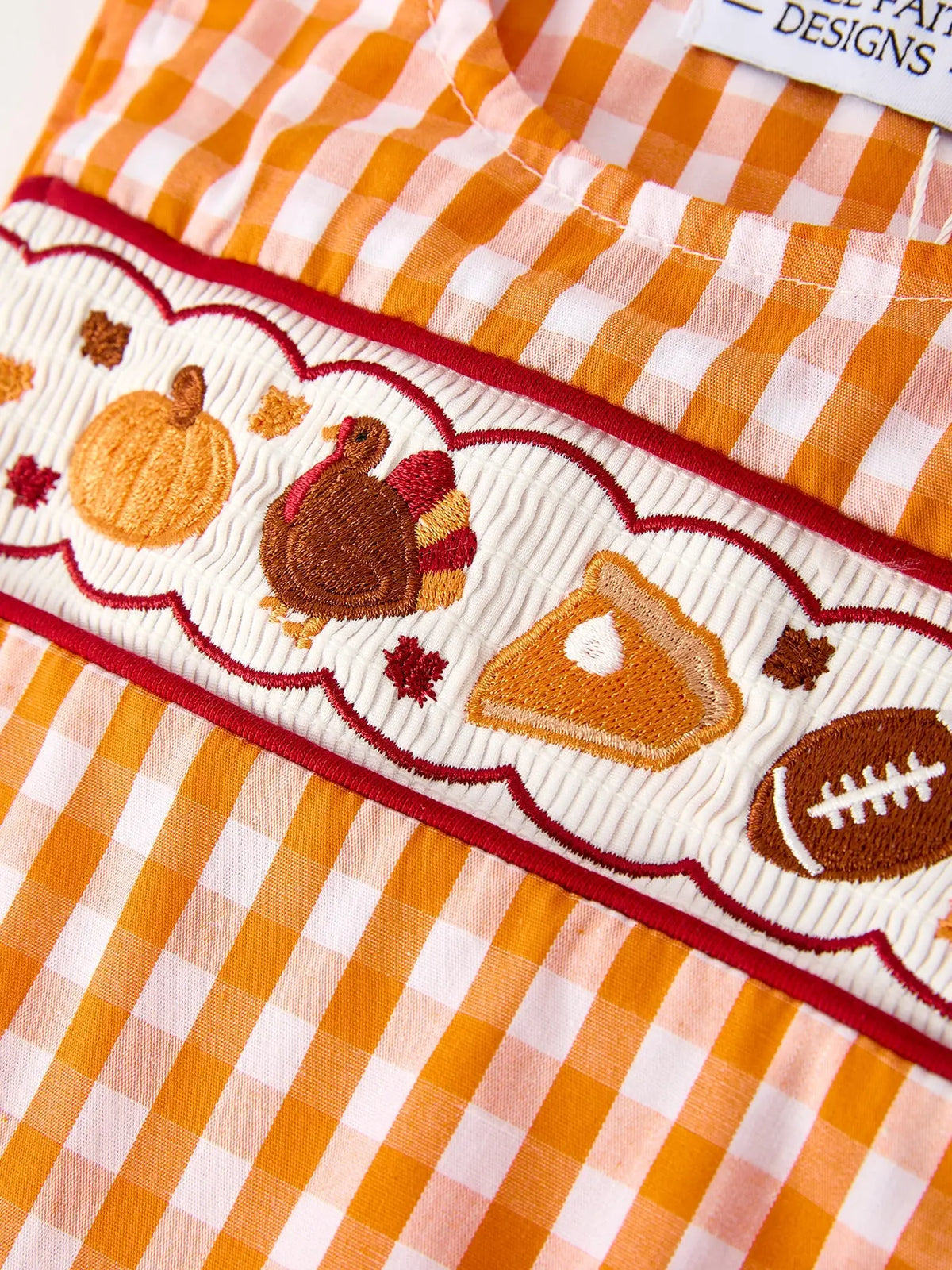 Fall Embroidered Romper for Baby Boys – Orange Checkered with Halloween Details Rylee Faith Designs