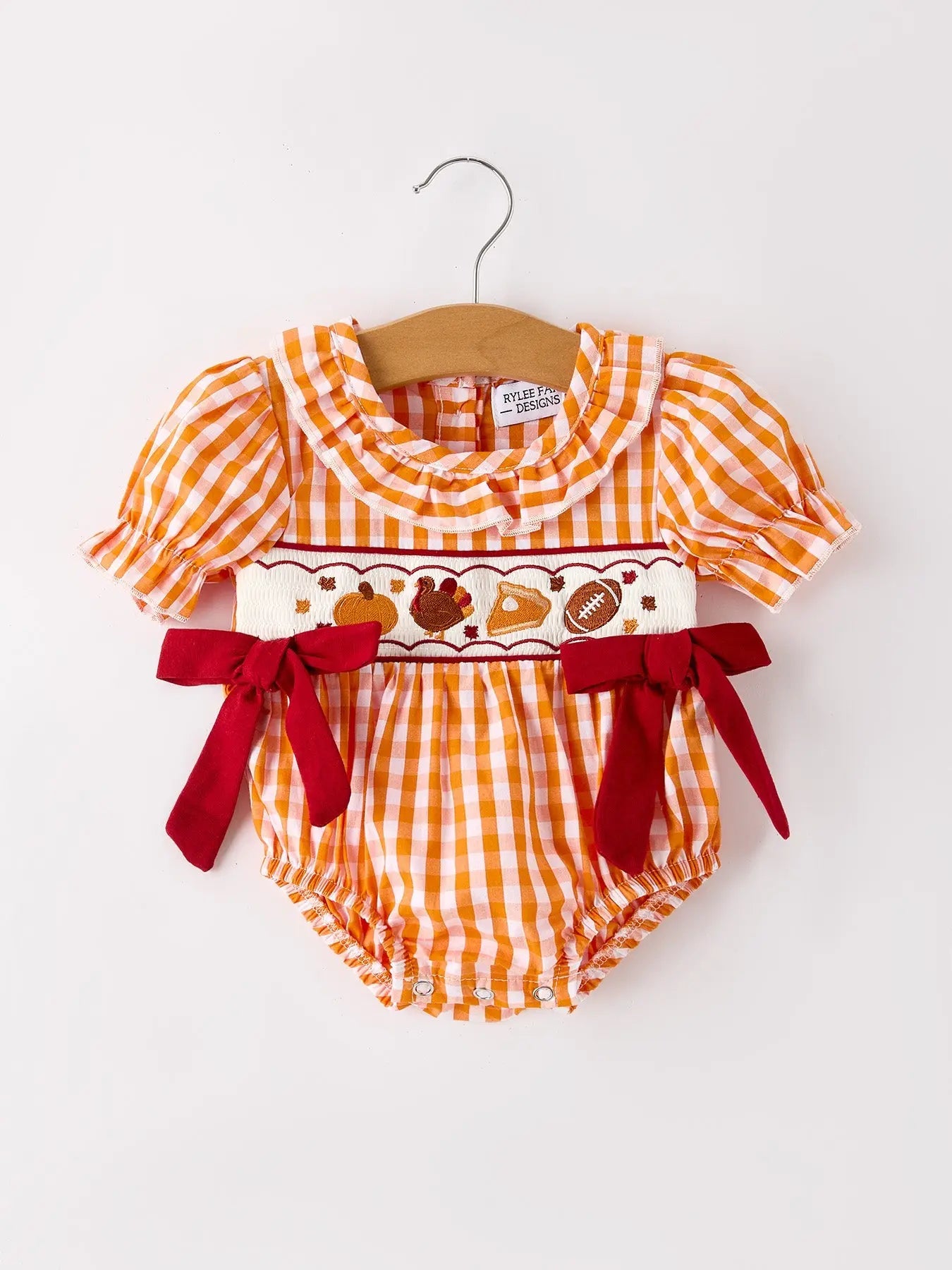 Fall Embroidered Romper for Baby Girls – Orange Checkered with Halloween Details Rylee Faith Designs