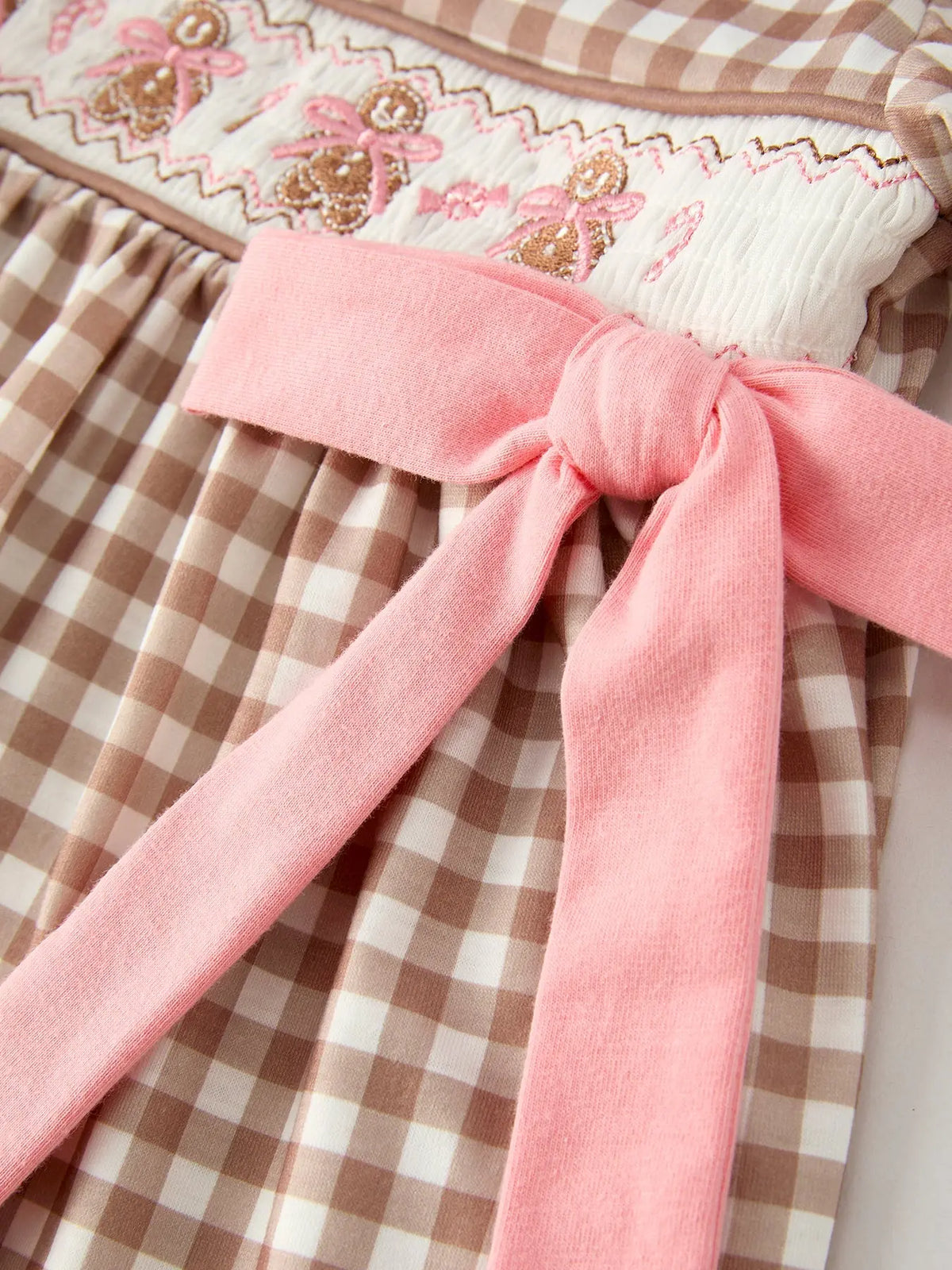 Christmas Vintage-Style Plaid Dress with Embroidered Gingerbread and Bows