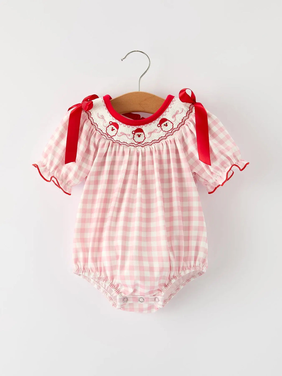 Pink Gingham Christmas Baby Girls Romper: Santa Embroidery with Red Satin Ribbon Rylee Faith Designs