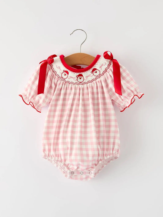 Pink Gingham Christmas Baby Girls Romper: Santa Embroidery with Red Satin Ribbon Rylee Faith Designs