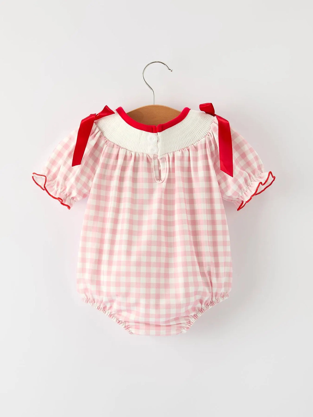 Pink Gingham Christmas Baby Girls Romper: Santa Embroidery with Red Satin Ribbon Rylee Faith Designs