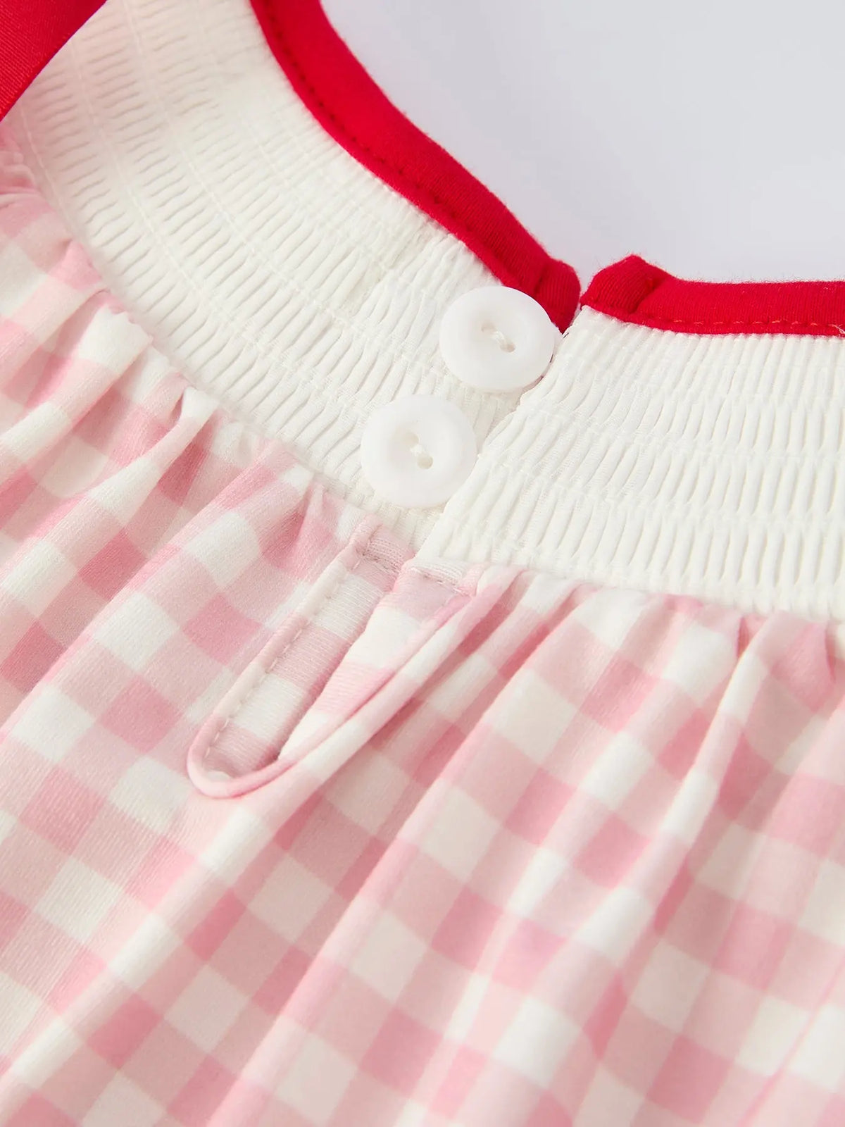 Pink Gingham Christmas Baby Girls Romper: Santa Embroidery with Red Satin Ribbon Rylee Faith Designs