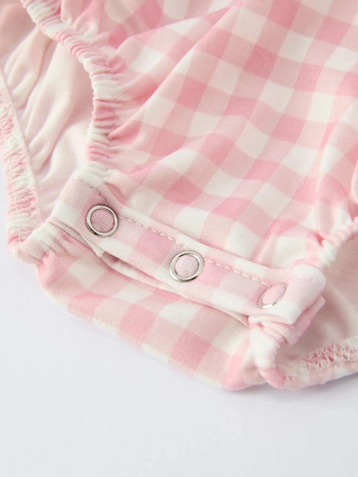 Pink Gingham Christmas Baby Girls Romper: Santa Embroidery with Red Satin Ribbon Rylee Faith Designs