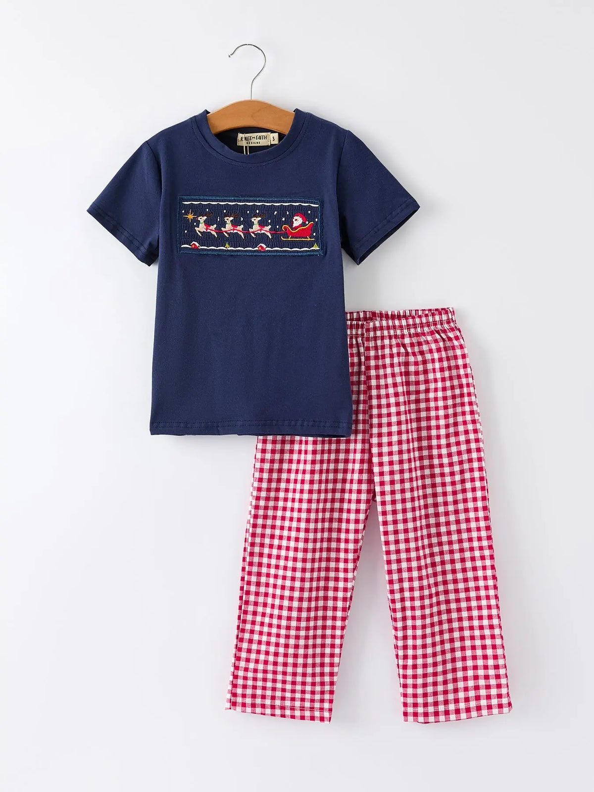 Christmas Holiday Celebration Boys Set: Navy with Santa Sleigh Rylee Faith Designs