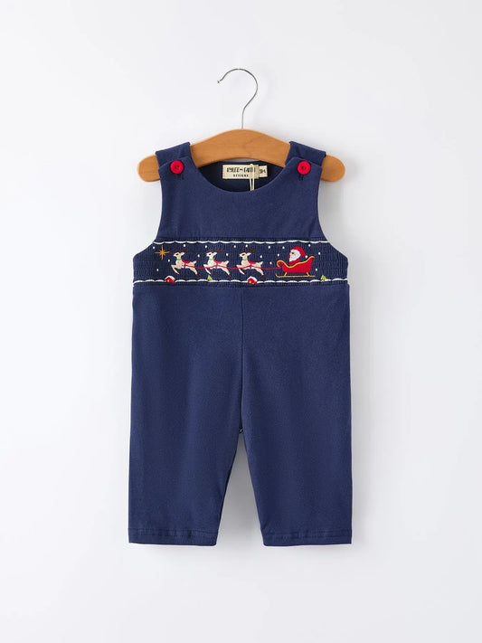 Christmas Holiday Celebration Baby Boys Romper: Navy with Santa Sleigh Rylee Faith Designs