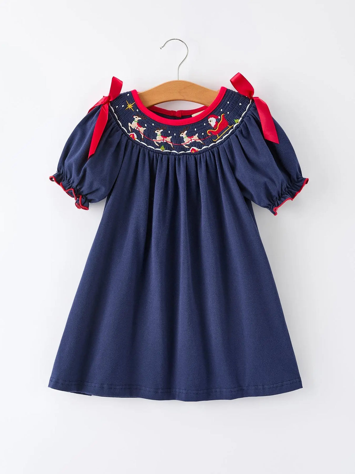 Christmas  Holiday Celebration Dress: Navy with Santa Sleigh Rylee Faith Designs