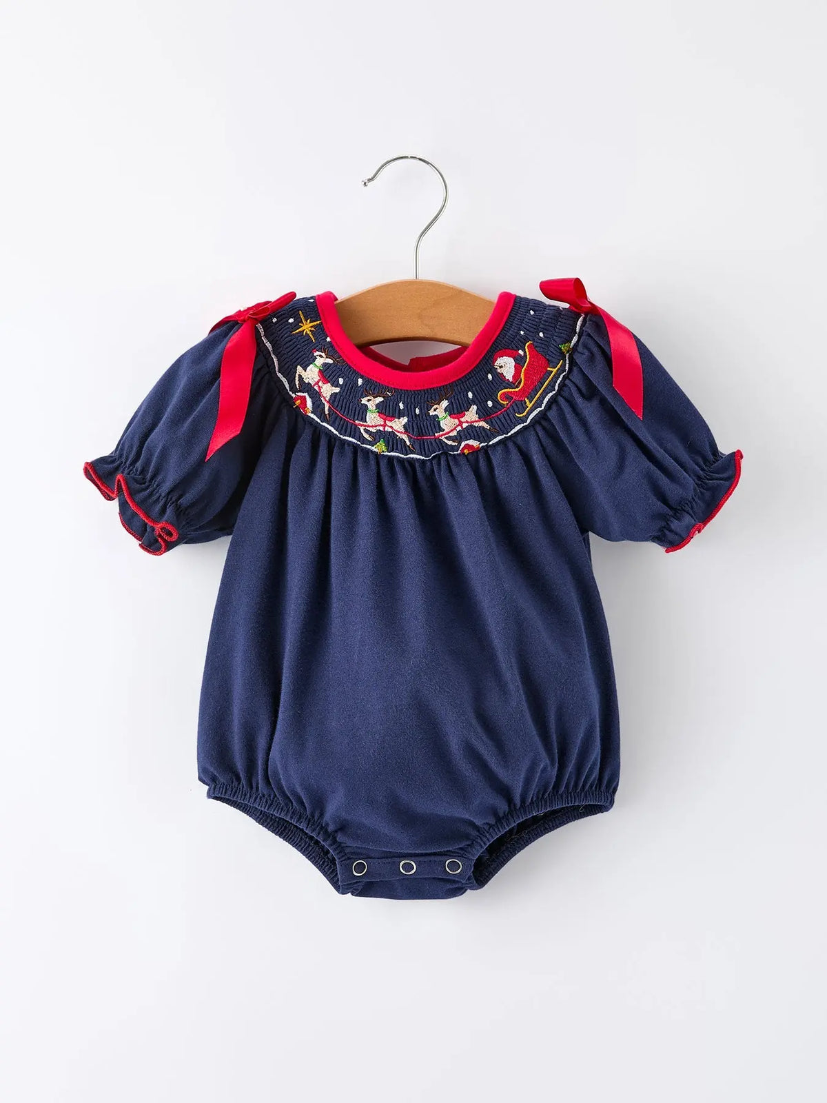 Christmas Holiday Celebration Baby Girls Romper: Navy with Santa Sleigh Rylee Faith Designs