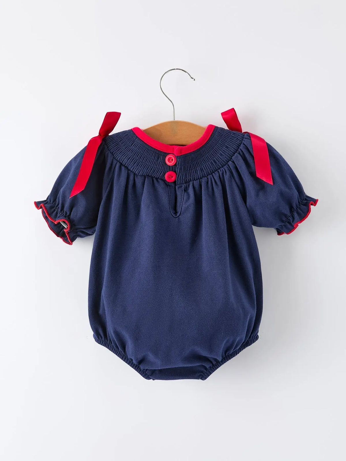 Christmas Holiday Celebration Baby Girls Romper: Navy with Santa Sleigh Rylee Faith Designs