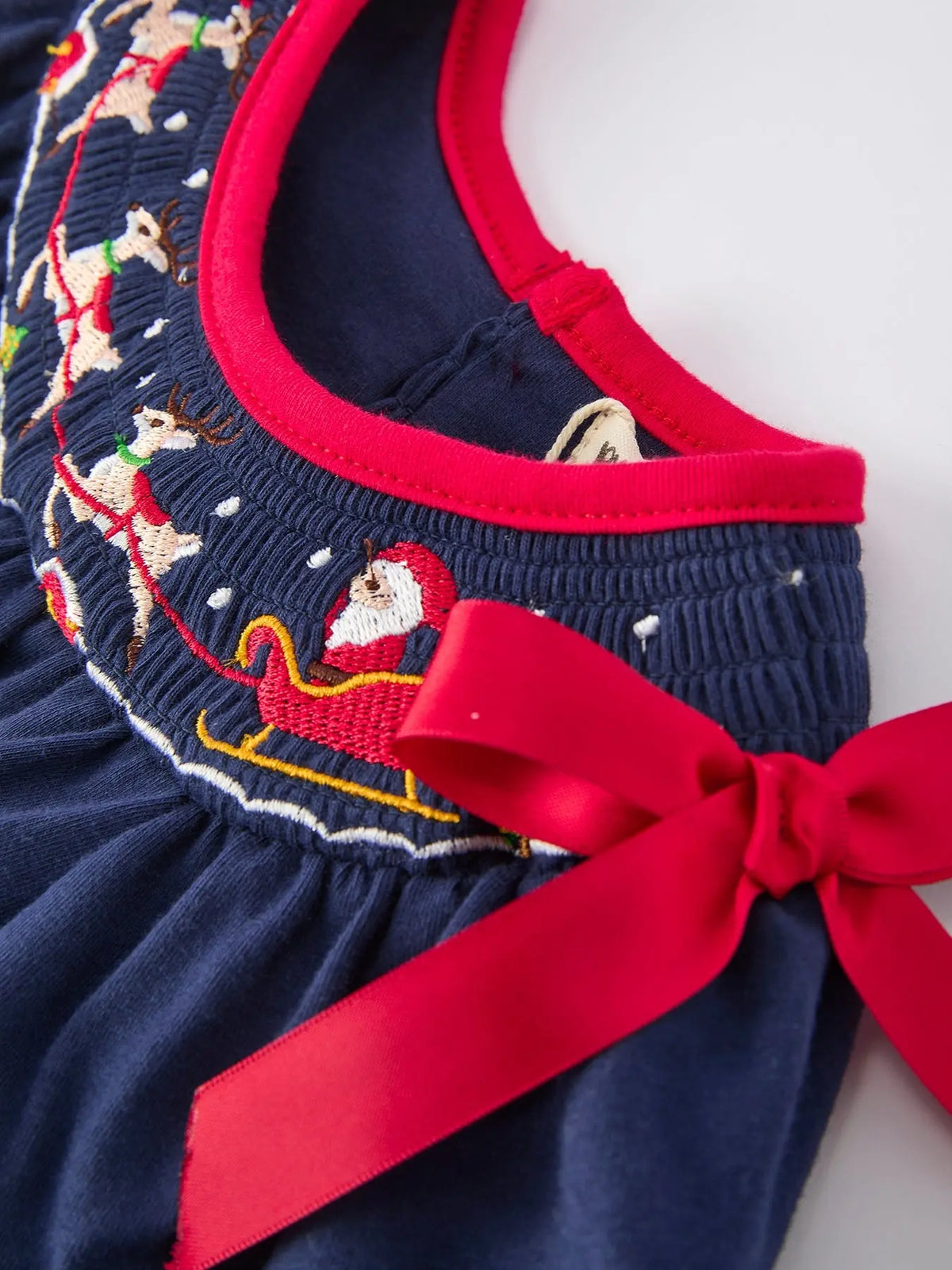 Christmas Holiday Celebration Baby Girls Romper: Navy with Santa Sleigh Rylee Faith Designs