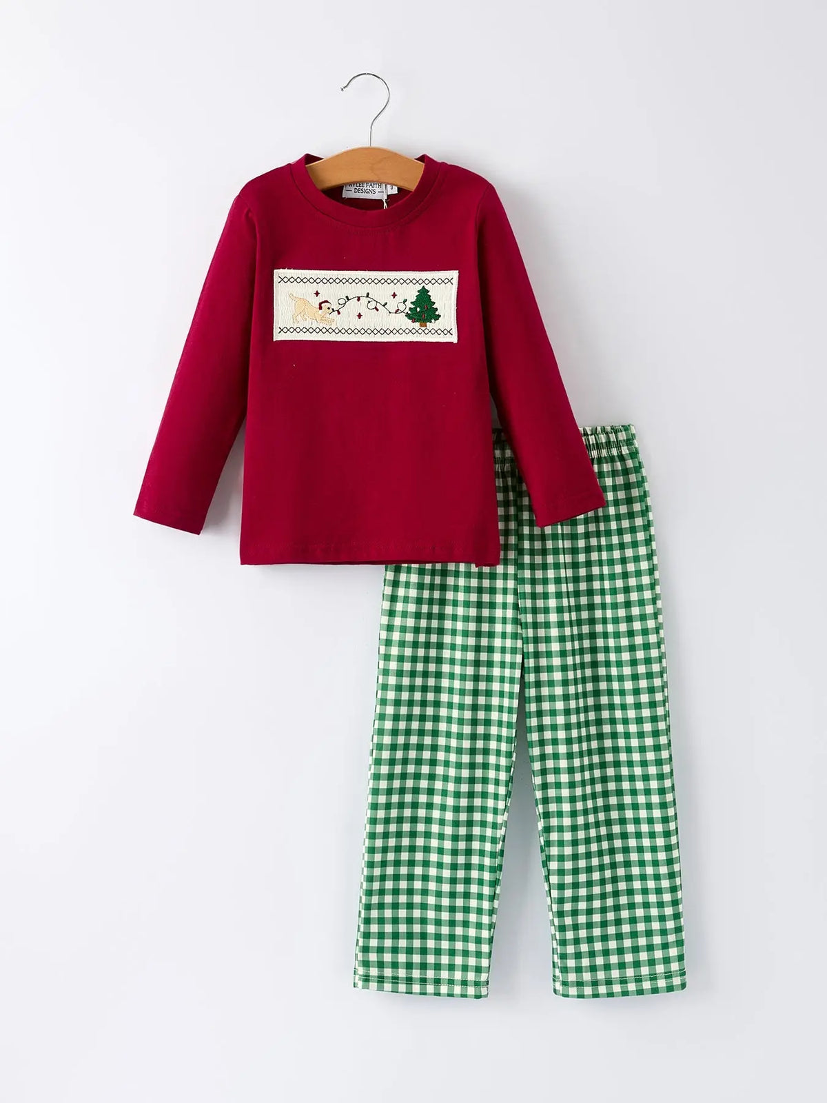 Christmas Tree Dog Smocking Embroidered  Plaid Boys Set Rylee Faith Designs