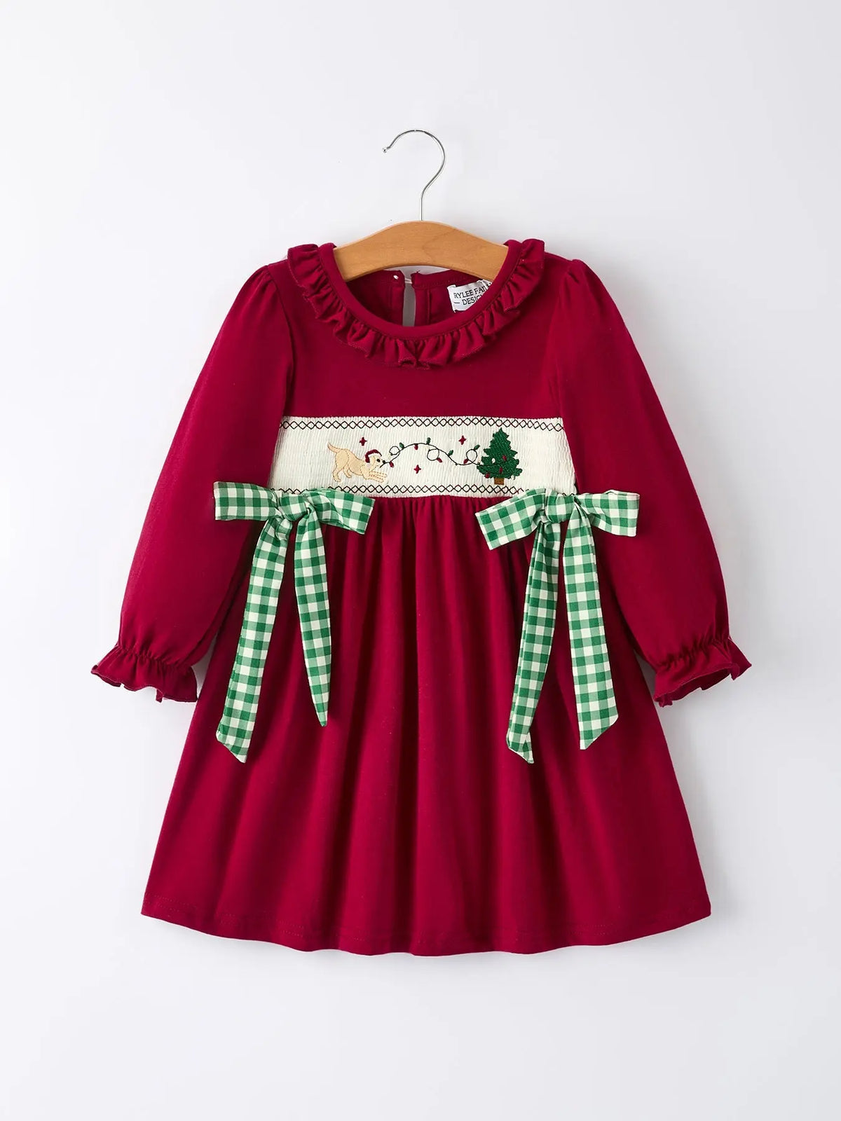 Christmas Smocking Embroidered Girls Dress with Green Plaid Bow Rylee Faith Designs