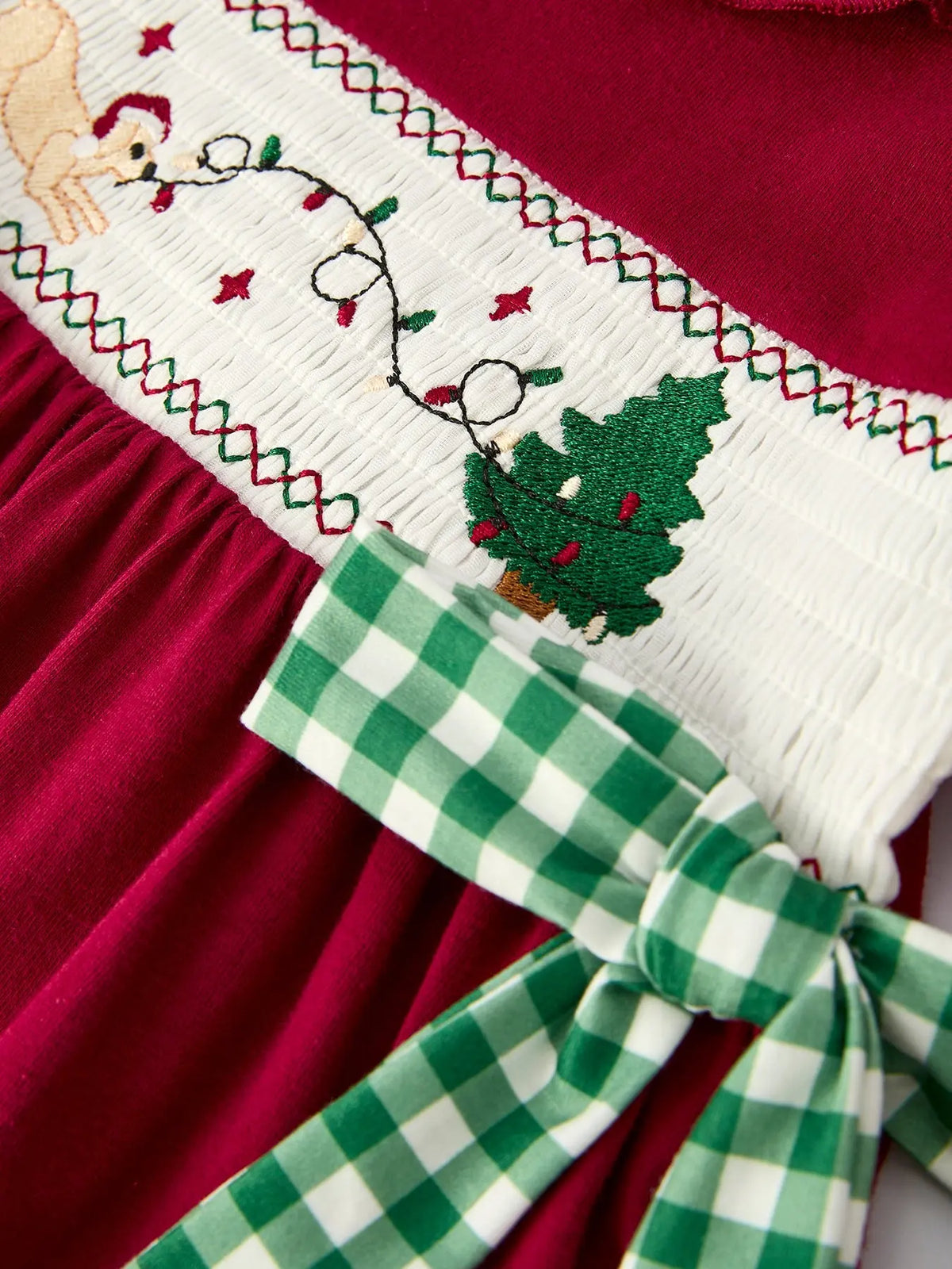 Christmas Smocking Embroidered Girls Dress with Green Plaid Bow Rylee Faith Designs