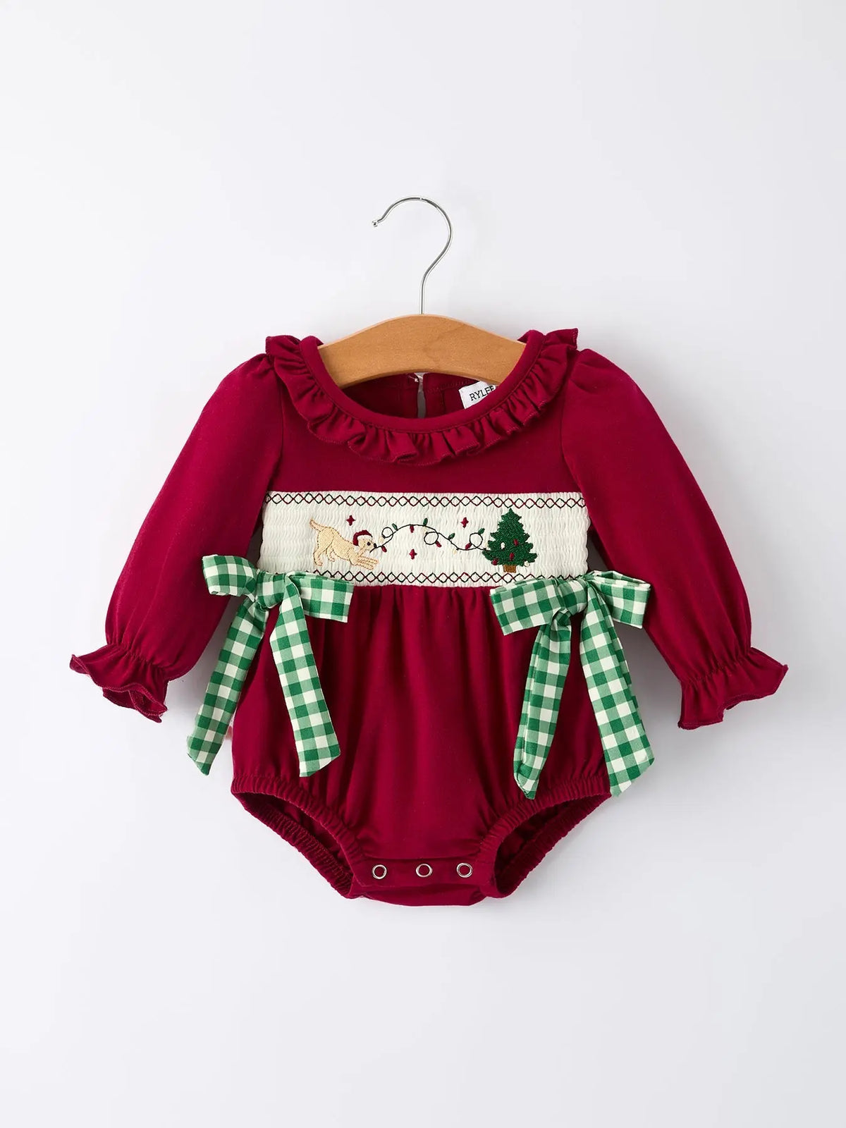 Christmas Embroidered Baby Girls Romper with Green Plaid Bow Rylee Faith Designs