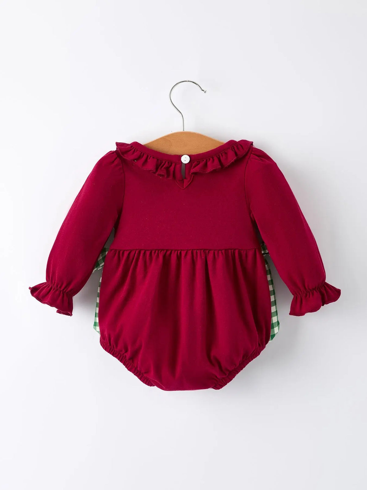 Christmas Embroidered Baby Girls Romper with Green Plaid Bow Rylee Faith Designs