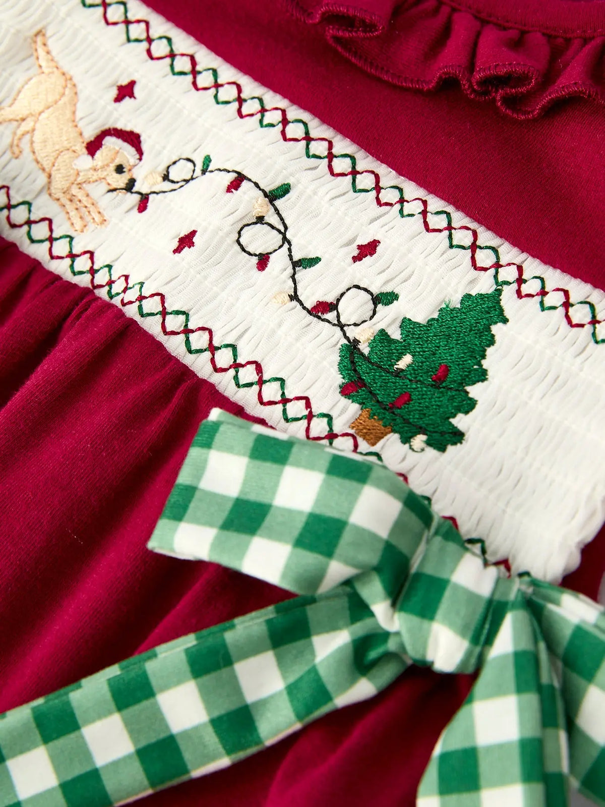 Christmas Embroidered Baby Girls Romper with Green Plaid Bow Rylee Faith Designs