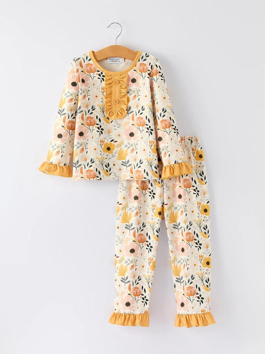 Conjunto de pijama de niña con estampado floral de otoño y detalles de volantes