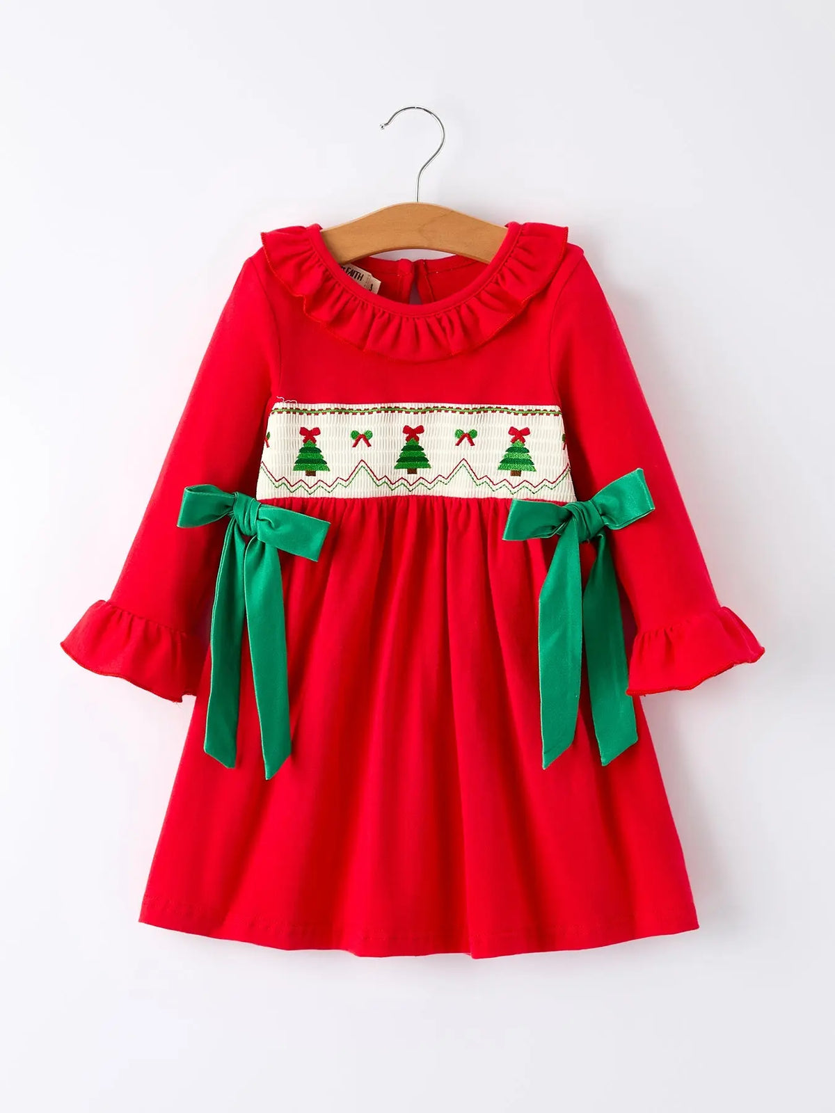 Christmas Smocked Dress with Green Bow and Tree Embroidery Rylee Faith Designs