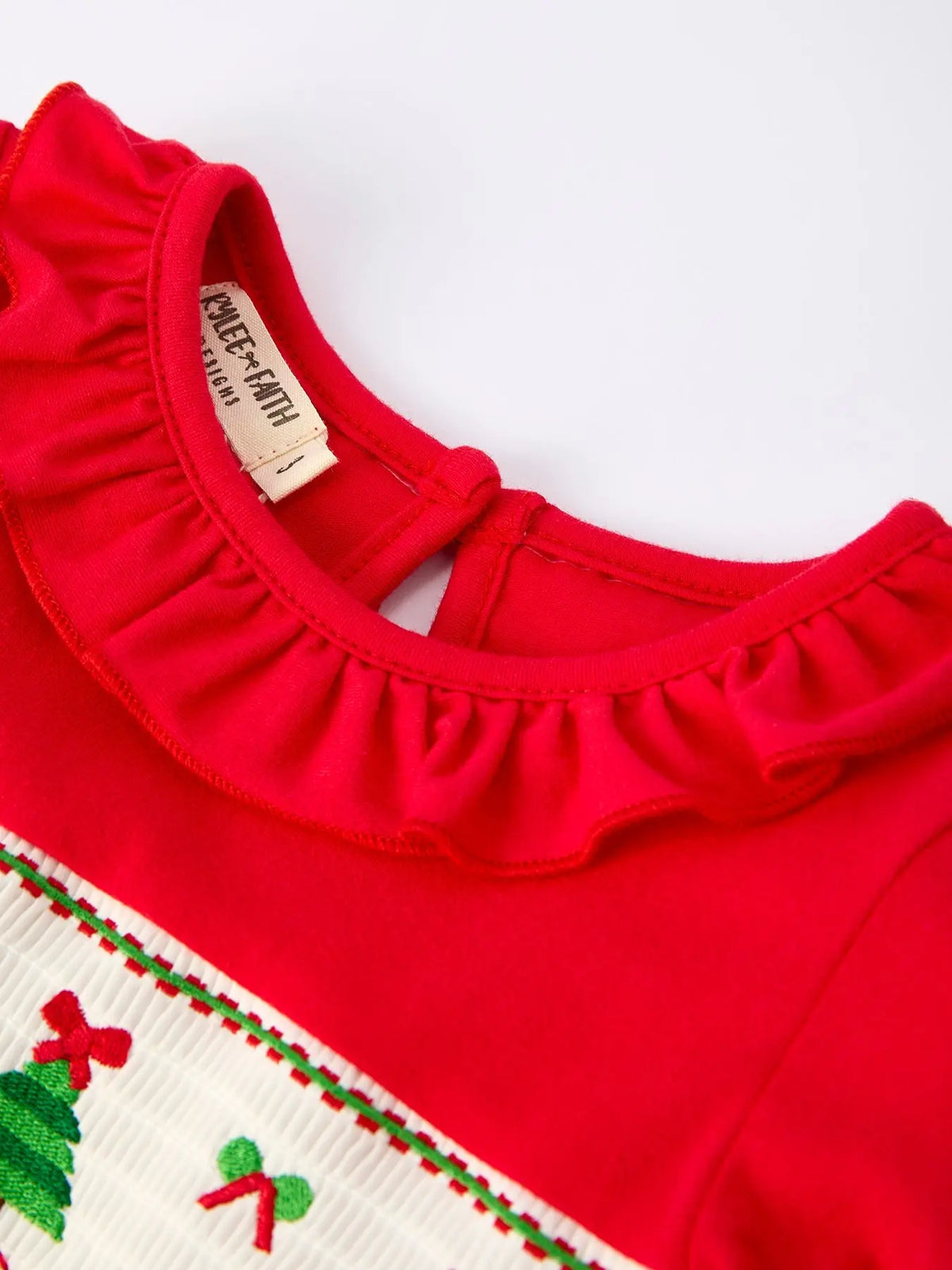 Christmas Smocked Dress with Green Bow and Tree Embroidery Rylee Faith Designs