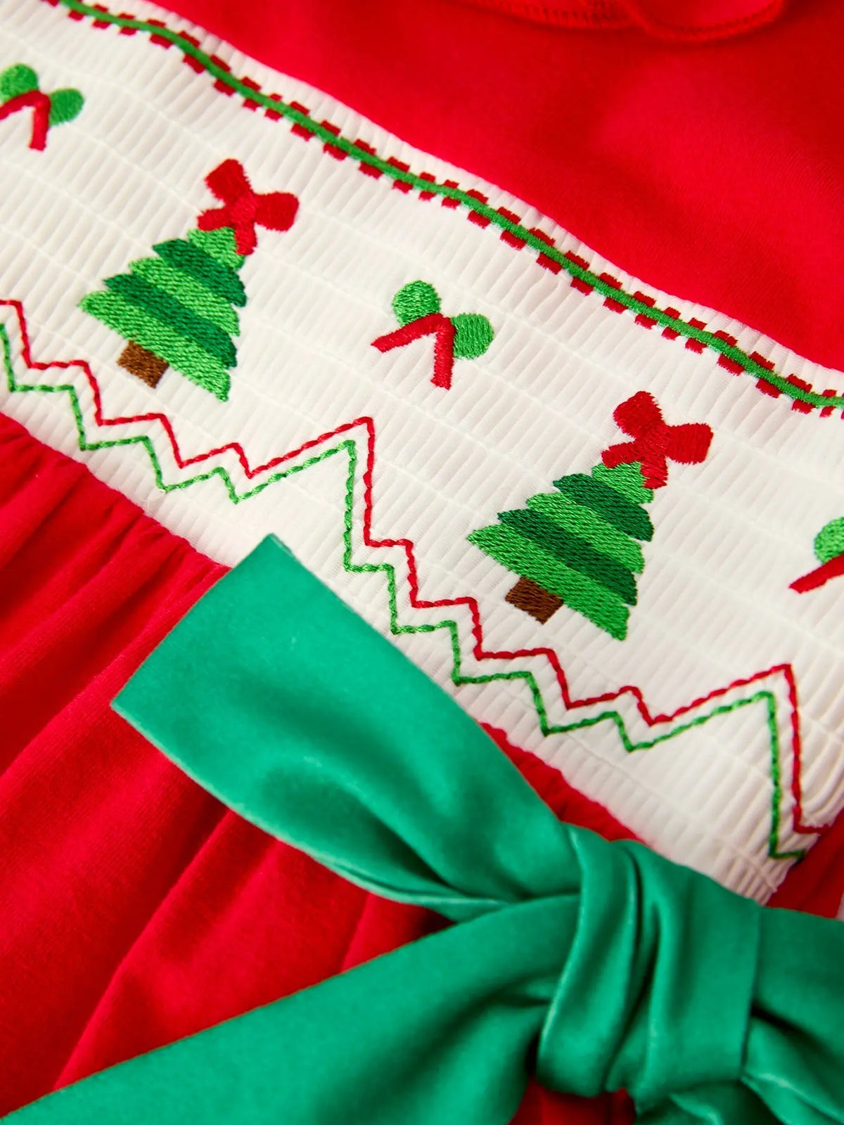 Christmas Smocked Dress with Green Bow and Tree Embroidery Rylee Faith Designs