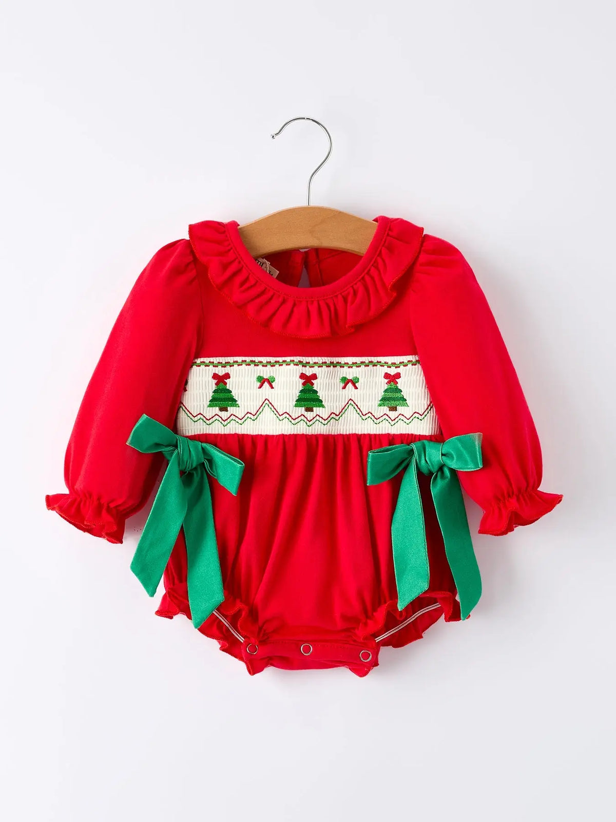 Christmas Smocked Girls Romper with Green Bow and Tree Embroidery Rylee Faith Designs