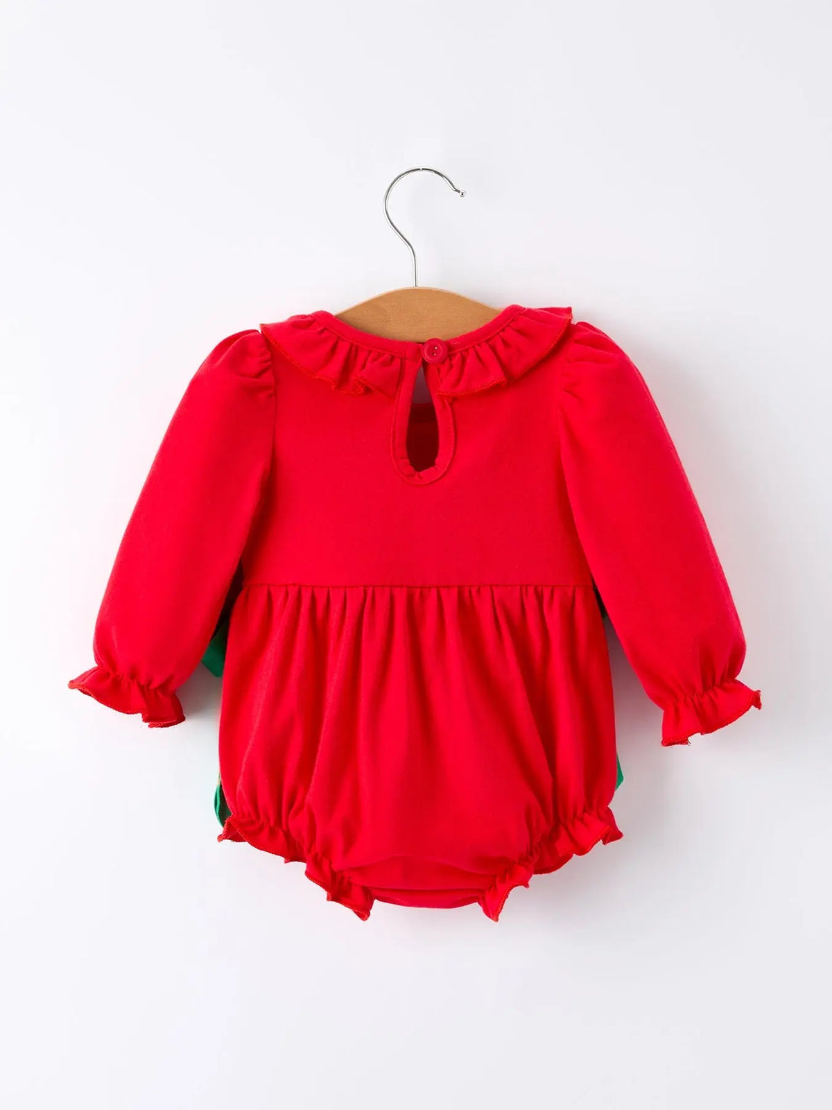 Christmas Smocked Girls Romper with Green Bow and Tree Embroidery Rylee Faith Designs