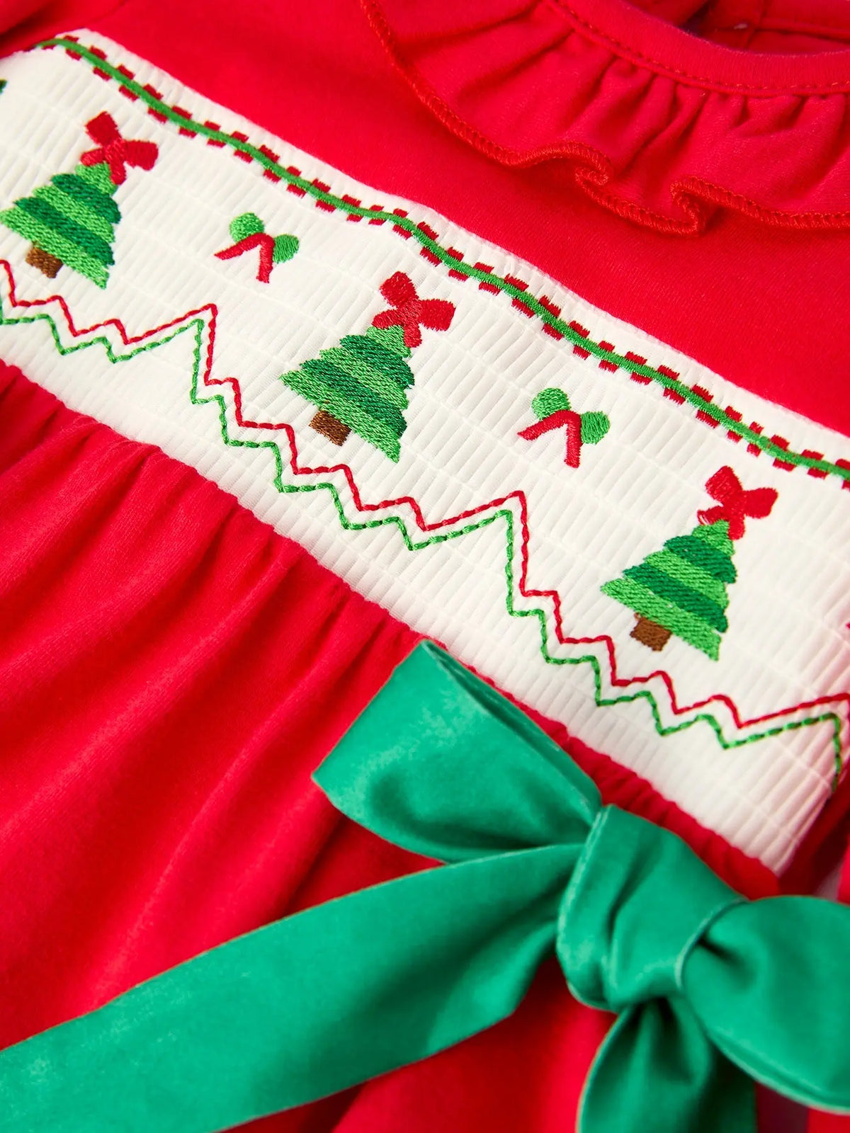 Christmas Smocked Girls Romper with Green Bow and Tree Embroidery Rylee Faith Designs