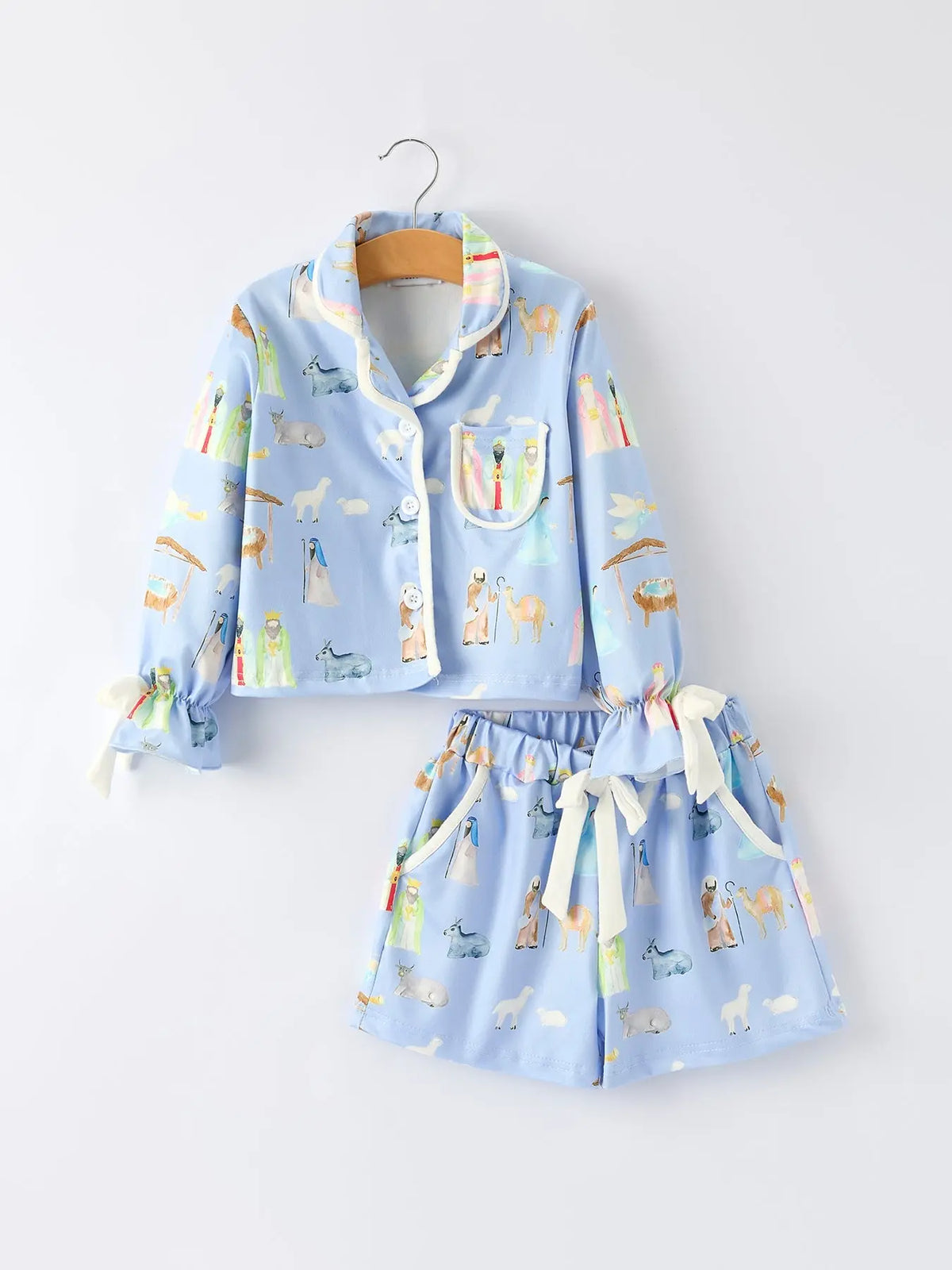 Blue Christmas Nativity Pattern Girls Pajamas Set