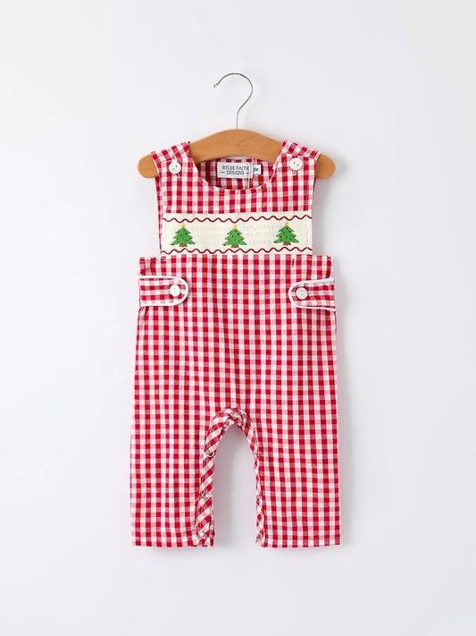 Christmas Smocking Embroidered Christmas Tree Plaid Plaid Baby Boy Romper Rylee Faith Designs