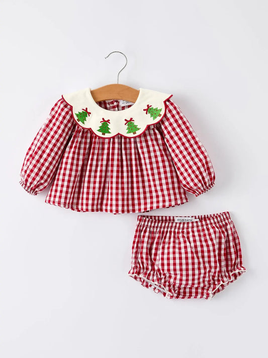 Christmas Tree Embroidery Red Gingham Long Sleeve Baby Girl Bloomers Set Rylee Faith Designs