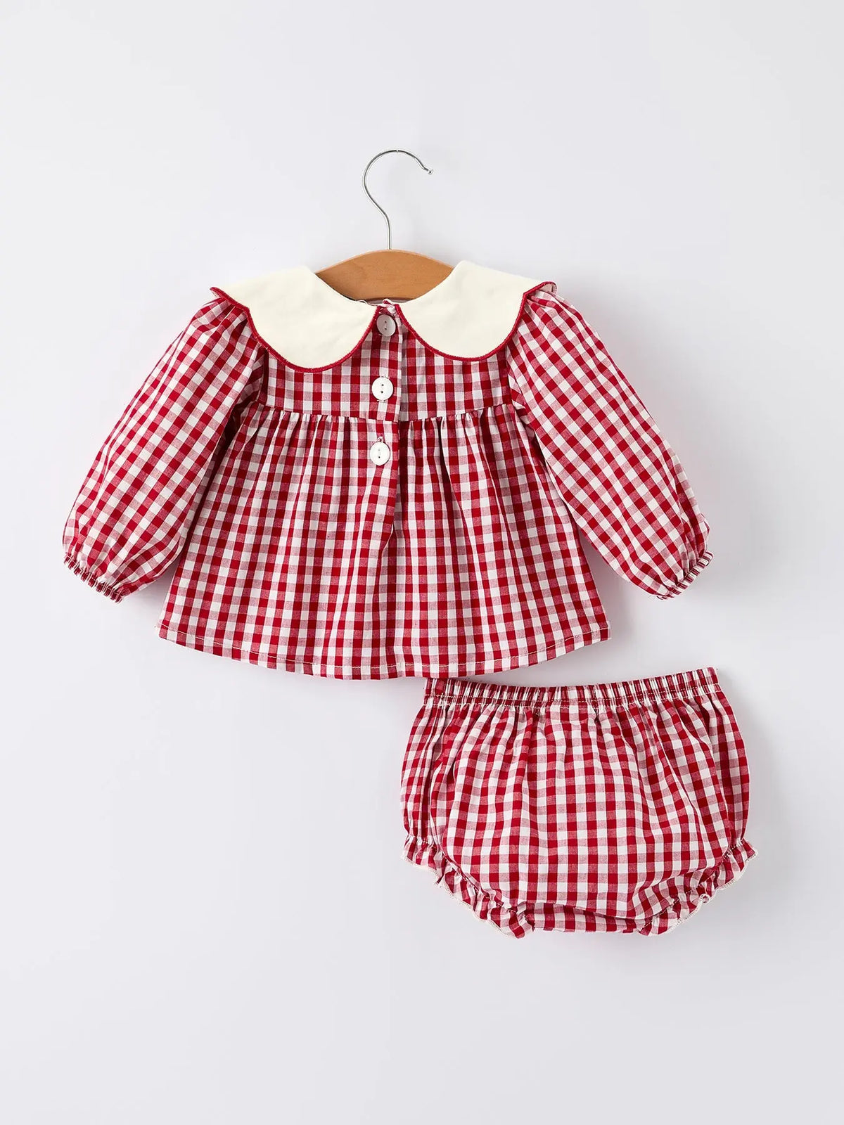 Christmas Tree Embroidery Red Gingham Long Sleeve Baby Girl Bloomers Set Rylee Faith Designs