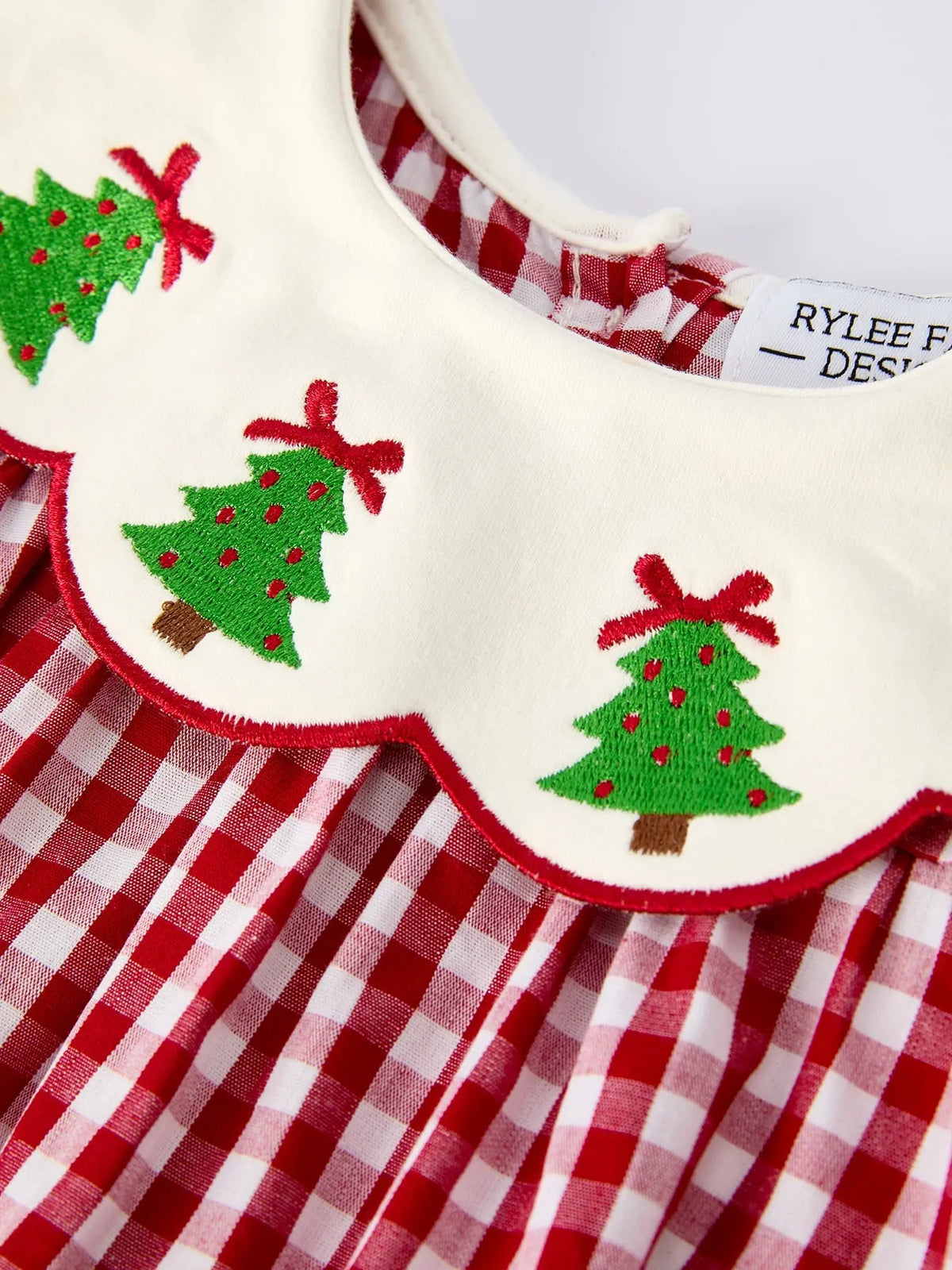 Christmas Tree Embroidery Red Gingham Long Sleeve Baby Girl Bloomers Set Rylee Faith Designs