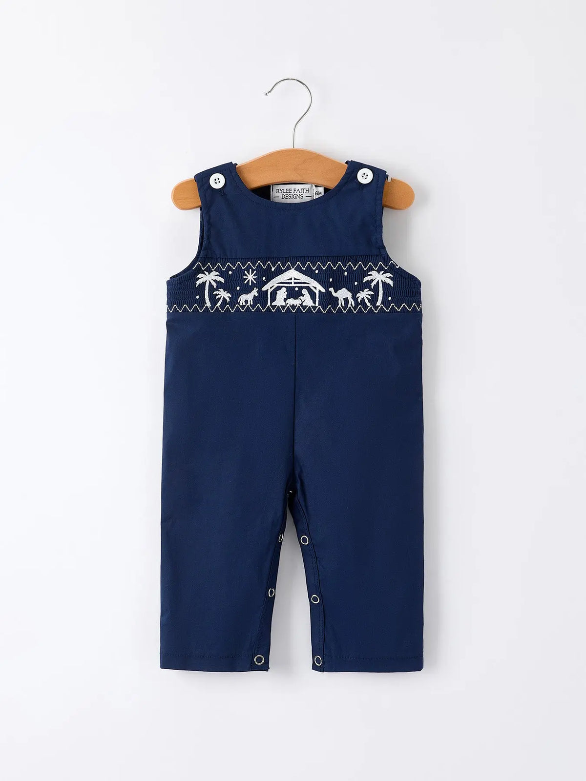 Christmas Navy Blue Nativity Smocking Embroidered Baby Boy Romper Rylee Faith Designs