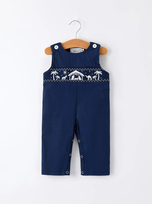 Christmas Navy Blue Nativity Smocking Embroidered Baby Boy Romper Rylee Faith Designs
