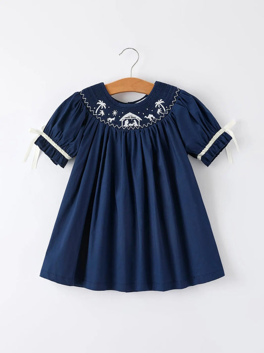 Christmas Navy Blue Nativity Smocking Embroidered Dress Rylee Faith Designs