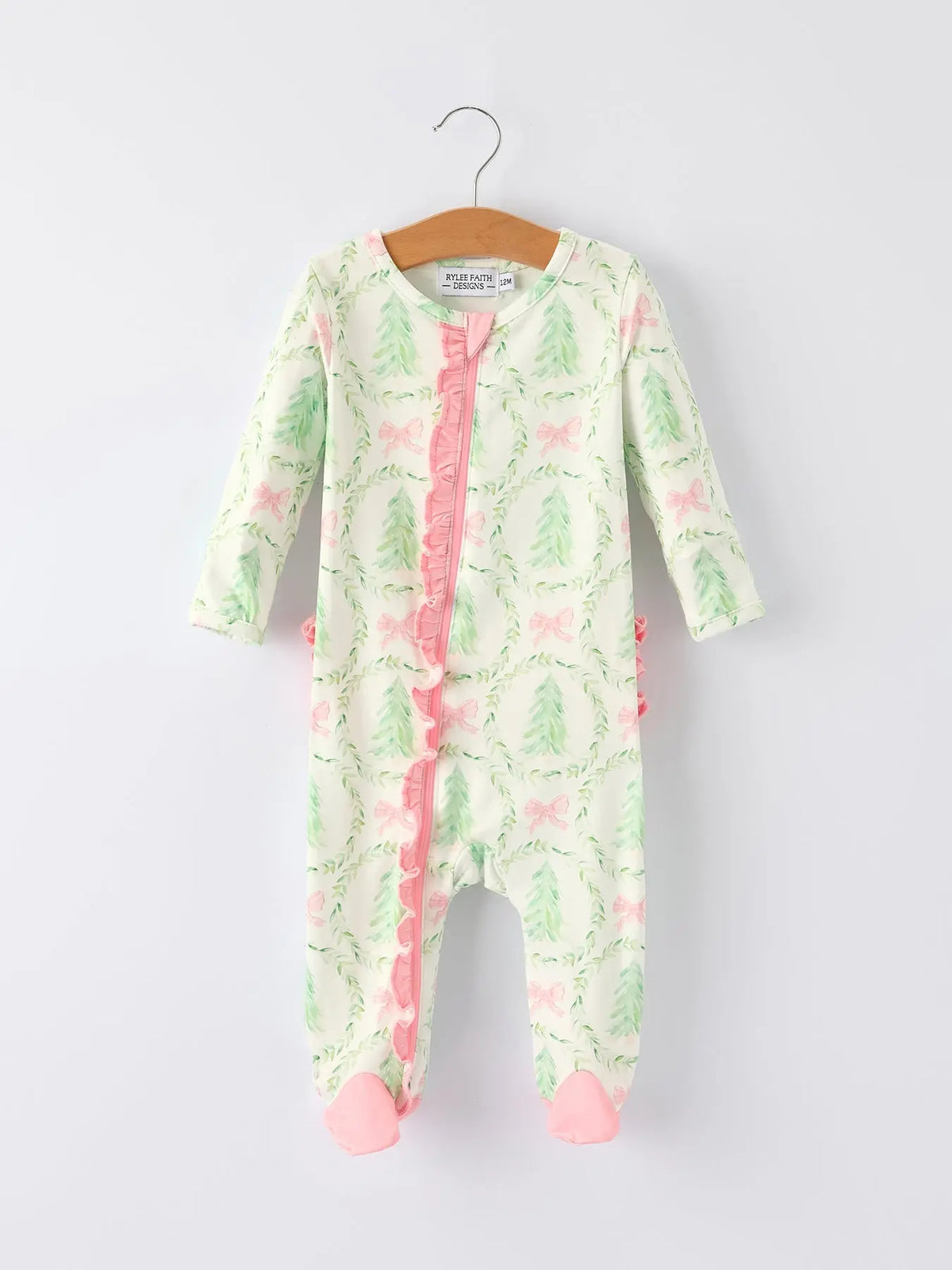 Christmas Tree Wreath Print Long Sleeve Zip Baby Girls Romper