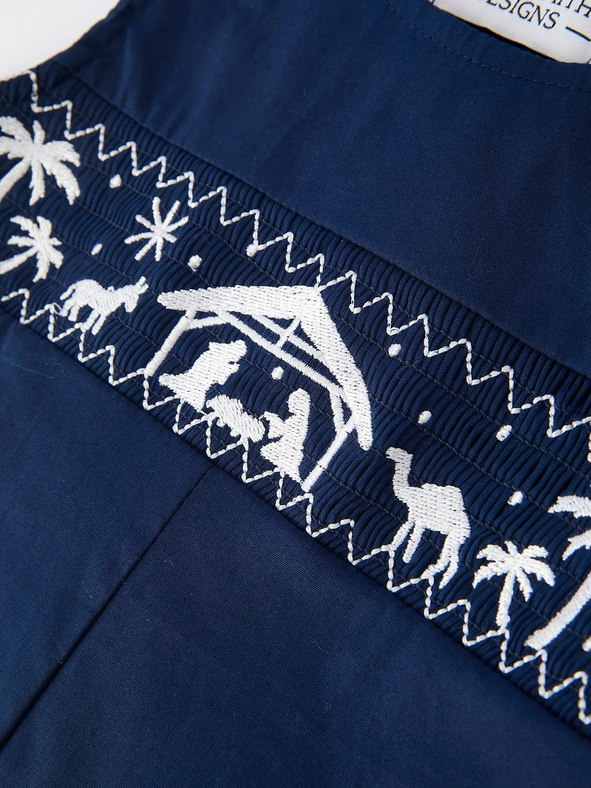 Christmas Navy Blue Nativity Smocking Embroidered Baby Boy Romper Rylee Faith Designs