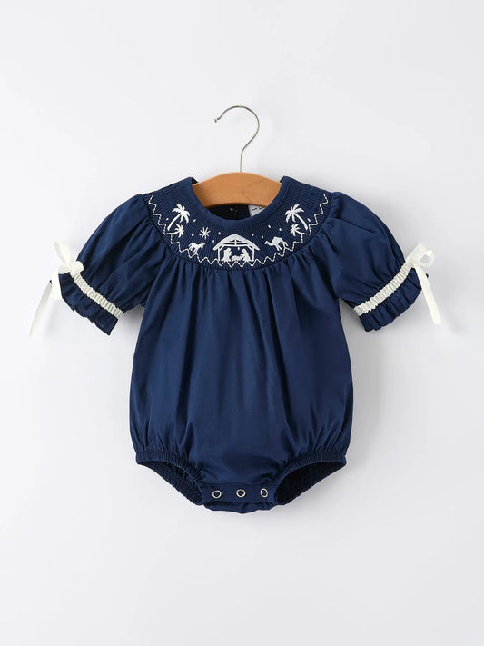 Navy Blue Nativity Smocking Embroidered Baby Girls Christmas Romper Rylee Faith Designs