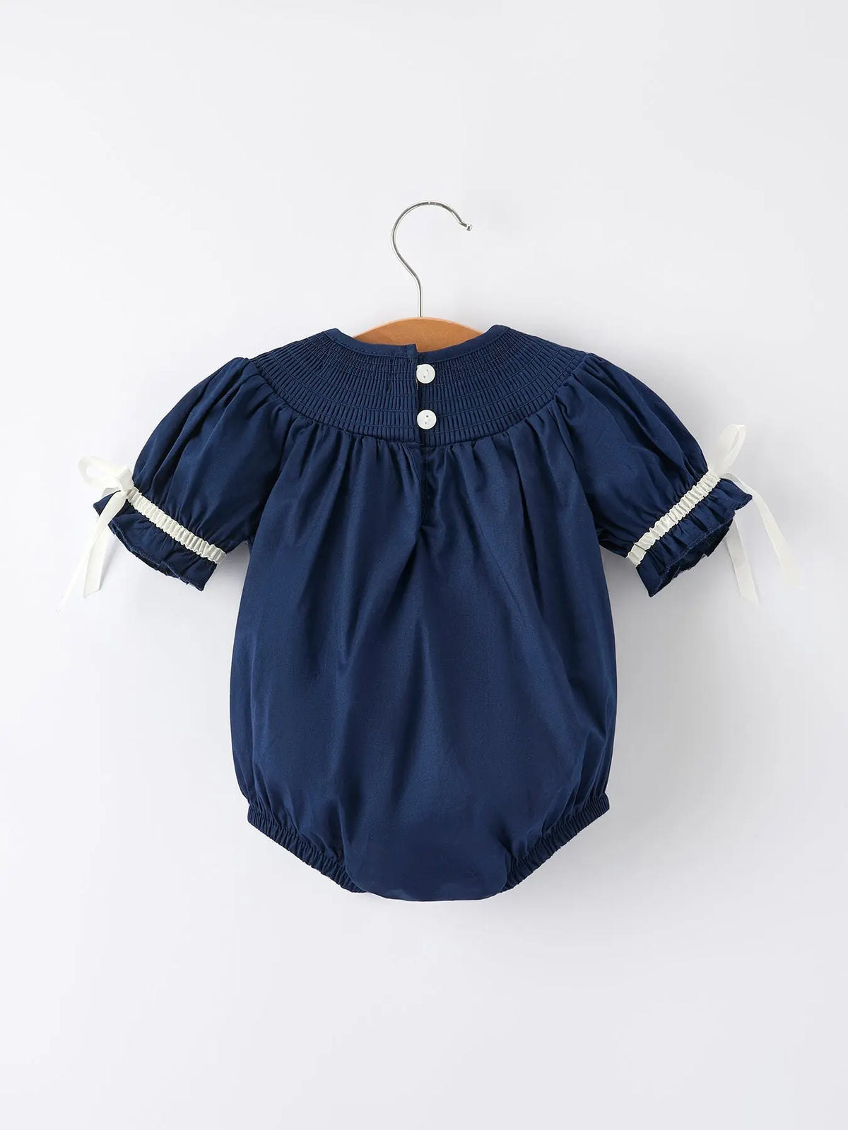 Navy Blue Nativity Smocking Embroidered Baby Girls Christmas Romper Rylee Faith Designs