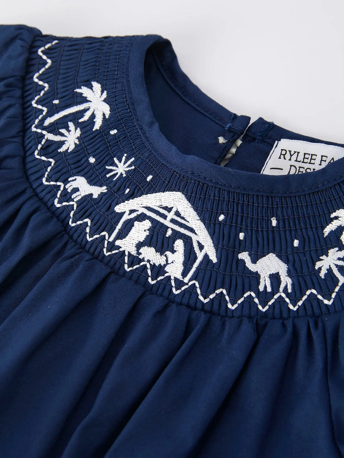 Navy Blue Nativity Smocking Embroidered Baby Girls Christmas Romper Rylee Faith Designs